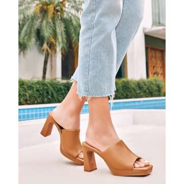 Trish Lucia Womens Platform Chunky Heels Mules Square Open Toe High Heeled Sandals Slip On Slides Dr...
