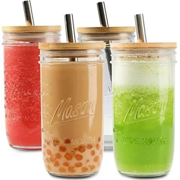 Mason 4 Pack Reusable Tea Cups, Glass Jars 24oz Wide Mouth Smoothie Cups with Bamboo Lids and Silver...
