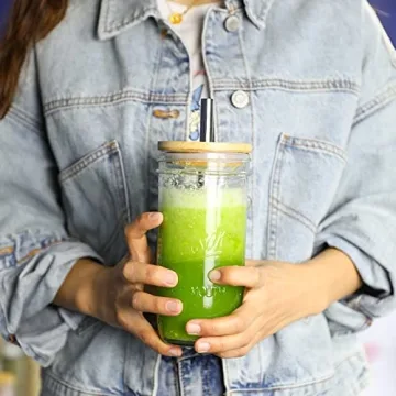 Mason 4 Pack Reusable Tea Cups, Glass Jars 24oz Wide Mouth Smoothie Cups with Bamboo Lids and Silver Straws, Drinking Glass Bubble Tea Cups for Iced Coffee Travel Bottle