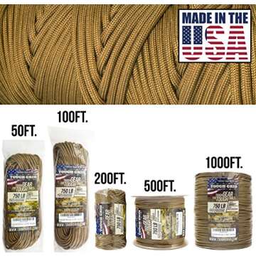 TOUGH-GRID Premium 750lb Paracord Rope - Made in USA - 100% Nylon Type IV Mil-Spec - UV & Abrasion R...