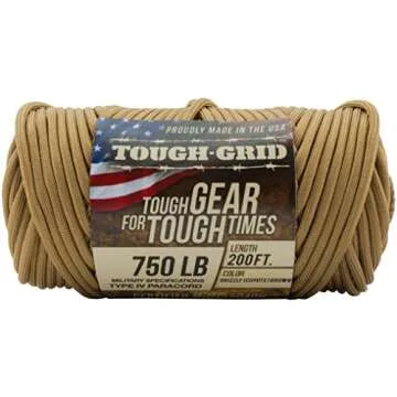 TOUGH-GRID Premium 750lb Paracord Rope - Made in USA - 100% Nylon Type IV Mil-Spec - UV & Abrasion Resistant - Heavy Duty Strands - Outdoor Survival Rope - Used by US Military - 200Ft. - Grizzly Brown