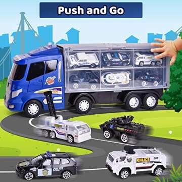 FUN LITTLE TOYS 12 in 1 Die-cast Police Car with Lights and Sounds, Transport Truck Car Carrier Toy ...