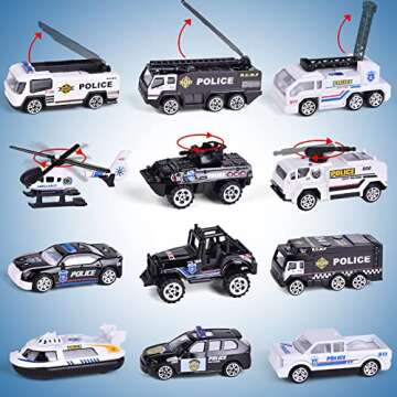 FUN LITTLE TOYS 12 in 1 Die-cast Police Car with Lights and Sounds, Transport Truck Car Carrier Toy with Mini Police Vehicles Gifts for Toddler Kids Boys Ages 3+