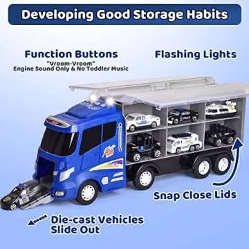 FUN LITTLE TOYS 12 in 1 Die-cast Police Car with Lights and Sounds, Transport Truck Car Carrier Toy with Mini Police Vehicles Gifts for Toddler Kids Boys Ages 3+