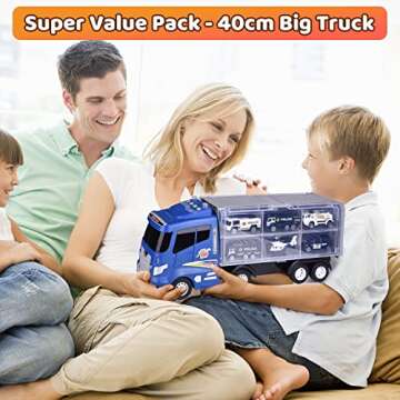 FUN LITTLE TOYS 12 in 1 Die-cast Police Car with Lights and Sounds, Transport Truck Car Carrier Toy with Mini Police Vehicles Gifts for Toddler Kids Boys Ages 3+