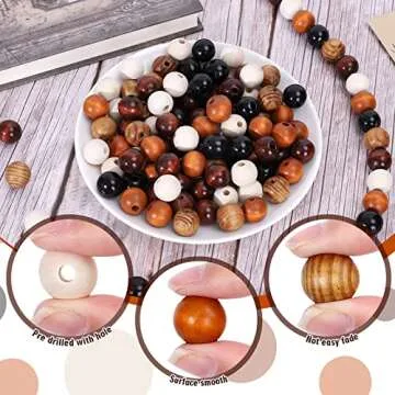 Whaline 240Pcs Farmhouse Rustic Fall Wood Beads Natural Round Wooden Beads Colorful Wood Beads with Hemp Rope Handmade Polished Boho Beads for Home Decor DIY Crafts Bracelet Necklace Making Supplies