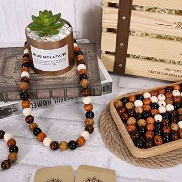 Whaline 240Pcs Farmhouse Rustic Fall Wood Beads Natural Round Wooden Beads Colorful Wood Beads with Hemp Rope Handmade Polished Boho Beads for Home Decor DIY Crafts Bracelet Necklace Making Supplies