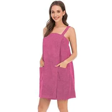 Veseacky Women Bath Wrap Towel for Shower with Pocket Adjustable Robe & Facial Headband Rose Red S