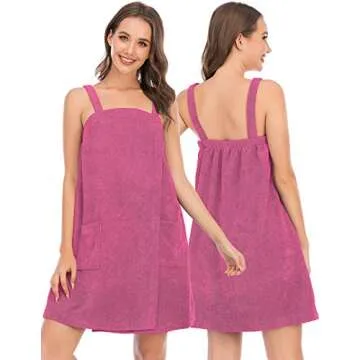 Veseacky Women Bath Wrap Towel for Shower with Pocket Adjustable Robe & Facial Headband Rose Red S