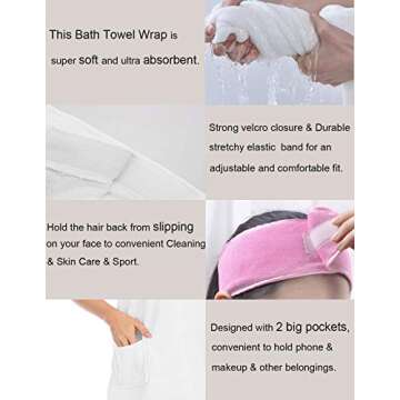 Veseacky Women Bath Wrap Towel for Shower with Pocket Adjustable Robe & Facial Headband Rose Red S