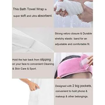 Veseacky Women Bath Wrap Towel for Shower with Pocket Adjustable Robe & Facial Headband Rose Red S