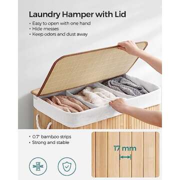 SONGMICS Laundry Hamper, 39.6 Gallons (150L), 3-Section Laundry Basket, Laundry Hamper with Lid, Bamboo, Foldable, Removable and Machine Washable Liner, for Laundry Room, Bedroom, Natural ULCB091N01