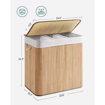 SONGMICS Laundry Hamper, 39.6 Gallons (150L), 3-Section Laundry Basket, Laundry Hamper with Lid, Bamboo, Foldable, Removable and Machine Washable Liner, for Laundry Room, Bedroom, Natural ULCB091N01