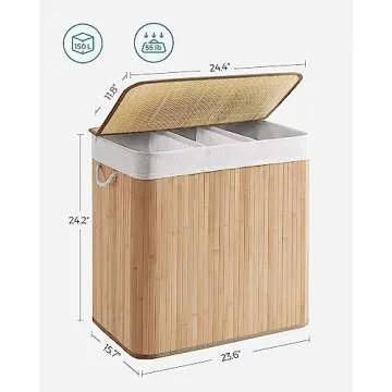 SONGMICS Laundry Hamper, 39.6 Gallons (150L), 3-Section Laundry Basket, Laundry Hamper with Lid, Bamboo, Foldable, Removable and Machine Washable Liner, for Laundry Room, Bedroom, Natural ULCB091N01