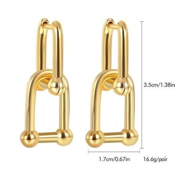 Amoina 14k Gold Plated Ball U Shape Pin Y2K Style Chunky Earring Link Chain Chunky Circle Hoop Earri...
