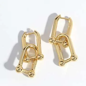 Amoina 14k Gold Plated Ball U Shape Pin Y2K Style Chunky Earring Link Chain Chunky Circle Hoop Earrings Paperclip Link Chain Jewelry Drop Dangle Earrings set for women