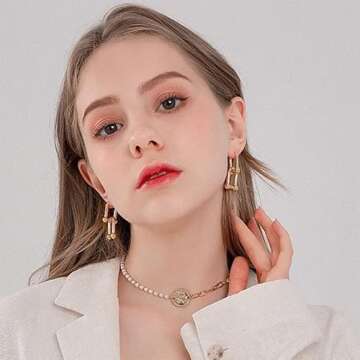 Amoina 14k Gold Plated Ball U Shape Pin Y2K Style Chunky Earring Link Chain Chunky Circle Hoop Earrings Paperclip Link Chain Jewelry Drop Dangle Earrings set for women