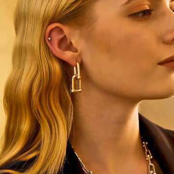 Amoina 14k Gold Plated Ball U Shape Pin Y2K Style Chunky Earring Link Chain Chunky Circle Hoop Earrings Paperclip Link Chain Jewelry Drop Dangle Earrings set for women