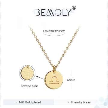 Befettly Constellation Necklace Pendant 14K Gold-Plated Hammered Round Disc Engraved Zodiac Sign Pendant 17.5’’ Adjustable Dainty Necklace NK-Libra