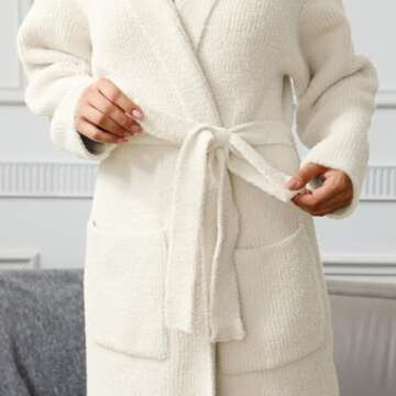 MH MYLUNE HOME Ultra Soft Robe with Pockets, Soft Spa Bathrobe Loungewear Calf-Length, Plush Robe for Women Fuzzy, Wrap Robe, Hooded Ribbed Cream