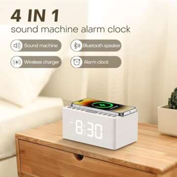 ANJANK Wooden Sound Machine Alarm Clock for Bedroom, Bluetooth Speaker, 20 Soothing Sounds, 0-100% D...