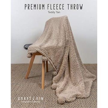 Premium Pom Pom Throw Blanket - Tan Throw Blanket, Plush Blanket, Soft Throw Blanket, Super Soft Blanket | Fall Throw Blanket for Couch, Fleece Blanket, Fleece Throw Blanket, 60” X 49.5”