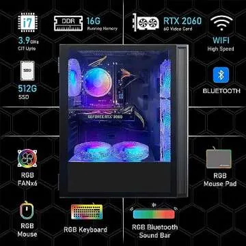 STGAubron Gaming PC Desktop, GeForce RTX 2060 6G GDDR6, Intel Core i7 up to 3.9 GHz, 16G RAM, 512G SSD, WiFi, BT 5.0, RGB Fan x6, RGB BT Sound Bar, Windows 10 Home