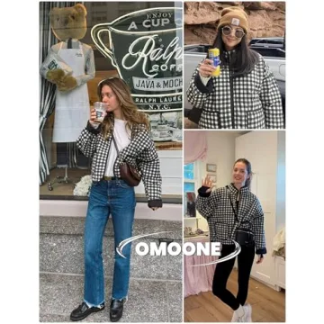 Omoone Women's Cropped Quilted Jacket Floral Printed LightWeight Padded Puffer Cardigan Coat Outwear(BlackWhite-XL)