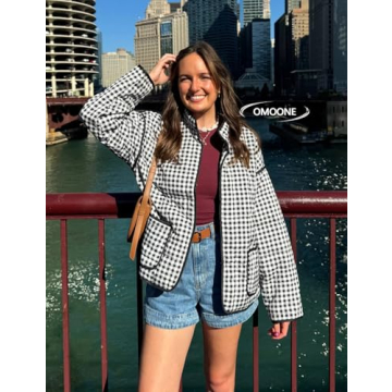 Omoone Women's Cropped Quilted Jacket Floral Printed LightWeight Padded Puffer Cardigan Coat Outwear(BlackWhite-XL)