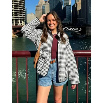 Omoone Women's Cropped Quilted Jacket Floral Printed LightWeight Padded Puffer Cardigan Coat Outwear(BlackWhite-XL)