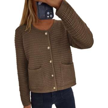 PRETTYGARDEN Women's Knit Cardigan Sweaters Fall Fashion Long Sleeve Open Front Button Down Trendy Casual Sweater Jacket (Coffee,Medium)
