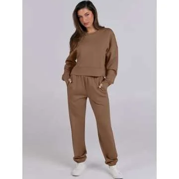 ANRABESS Women’s 2 Piece Lounge Sets - Cropped Sweatshirt & Joggers 2024 Fall Travel Brown Medium