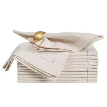 Linen Flax Cotton Cloth Dinner Napkin 18x18 Natural with Hemstitched, Wedding Napkins, Cocktails Napkins, Fabric Napkins, Cotton Napkins Mitered Corners, Machine Washable Dinner Napkins Set of 12