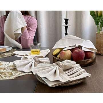 Linen Flax Cotton Cloth Dinner Napkin 18x18 Natural with Hemstitched, Wedding Napkins, Cocktails Napkins, Fabric Napkins, Cotton Napkins Mitered Corners, Machine Washable Dinner Napkins Set of 12