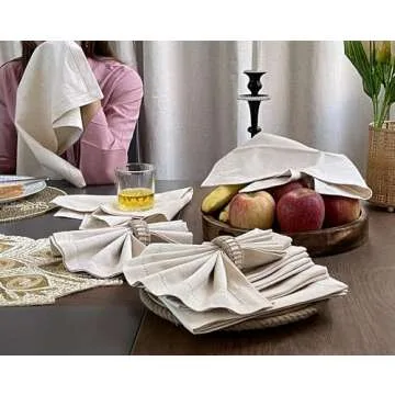 Linen Flax Cotton Cloth Dinner Napkin 18x18 Natural with Hemstitched, Wedding Napkins, Cocktails Napkins, Fabric Napkins, Cotton Napkins Mitered Corners, Machine Washable Dinner Napkins Set of 12