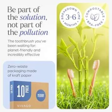 VIVAGO Bamboo Toothbrushes Medium Bristles 10 Pack - BPA Free Medium Bristles Toothbrushes for Adults | Eco-Friendly, Compostable & Biodegradable Toothbrush | Natural Wooden Toothbrushes