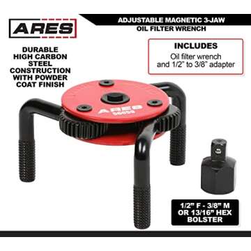 ARES 56059 – Large Size Adjustable Magnetic 3-Jaw Oil Filter Wrench – Fits Spin-On Oil Filters f...