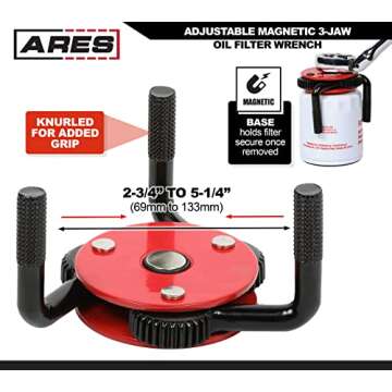 ARES 56059 – Large Size Adjustable Magnetic 3-Jaw Oil Filter Wrench – Fits Spin-On Oil Filters from 2-3/4-Inch to 5-1/4-Inch Diameters – Includes 3/8 Inch to 1/2 Inch Drive Adapter – Magnetic Base