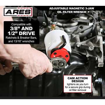 ARES 56059 – Large Size Adjustable Magnetic 3-Jaw Oil Filter Wrench – Fits Spin-On Oil Filters from 2-3/4-Inch to 5-1/4-Inch Diameters – Includes 3/8 Inch to 1/2 Inch Drive Adapter – Magnetic Base