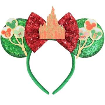 Bolonar Castle Mouse Ears Headband - Sequin Green Bow for Adults