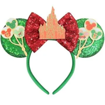 Bolonar Castle Mouse Ears Headband - Sequin Green Bow for Adults