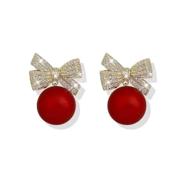 Red Bow Earrings for Women Trendy Rhinestone Bow Pearl Dangle Earrings for Women Cute Stuff Bow Jewe...