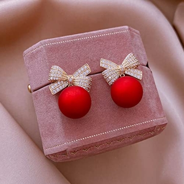 Red Bow Earrings for Women Trendy Rhinestone Bow Pearl Dangle Earrings for Women Cute Stuff Bow Jewelry Prom Wedding Party Valentines Day Gifts