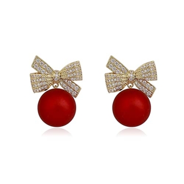 Red Bow Earrings for Women Trendy Rhinestone Bow Pearl Dangle Earrings for Women Cute Stuff Bow Jewelry Prom Wedding Party Valentines Day Gifts
