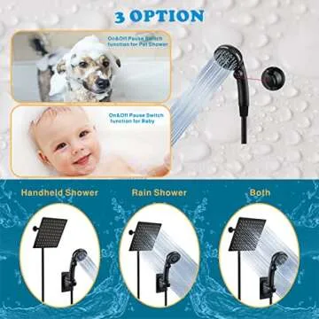 Shower Head with handheld, High Pressure 8'' Rainfall Stainless Steel with ON/OFF Pause Switch Combo with hose,Adhesive Shower Head Holder (Square Matte Black) …