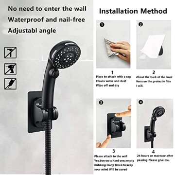 Shower Head with handheld, High Pressure 8'' Rainfall Stainless Steel with ON/OFF Pause Switch Combo with hose,Adhesive Shower Head Holder (Square Matte Black) …