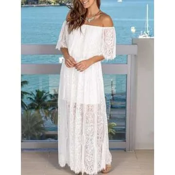 HOYISHION Womens Boho Off The Shoulder Floral Lace Maxi Dress for Weddings and Parties