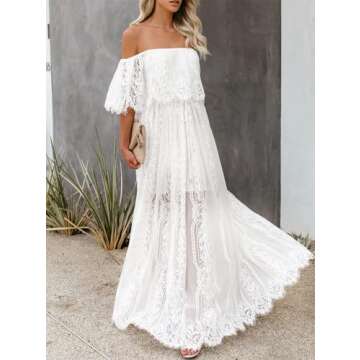 HOYISHION Womens Boho Off The Shoulder Floral Lace Maxi Dress White Wedding Bridesmaid Party Dress Maternity Photoshoot Dresses