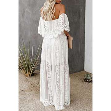 HOYISHION Womens Boho Off The Shoulder Floral Lace Maxi Dress White Wedding Bridesmaid Party Dress Maternity Photoshoot Dresses