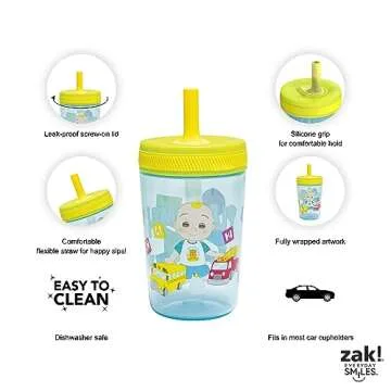 Zak Designs CoComelon Kelso Tumbler Set, Leak-Proof Screw-On Lid with Straw, Bundle for Kids Includes Plastic and Stainless Steel Cups with Bonus Sipper (3pc Set, Non-BPA), 15 fluid ounces
